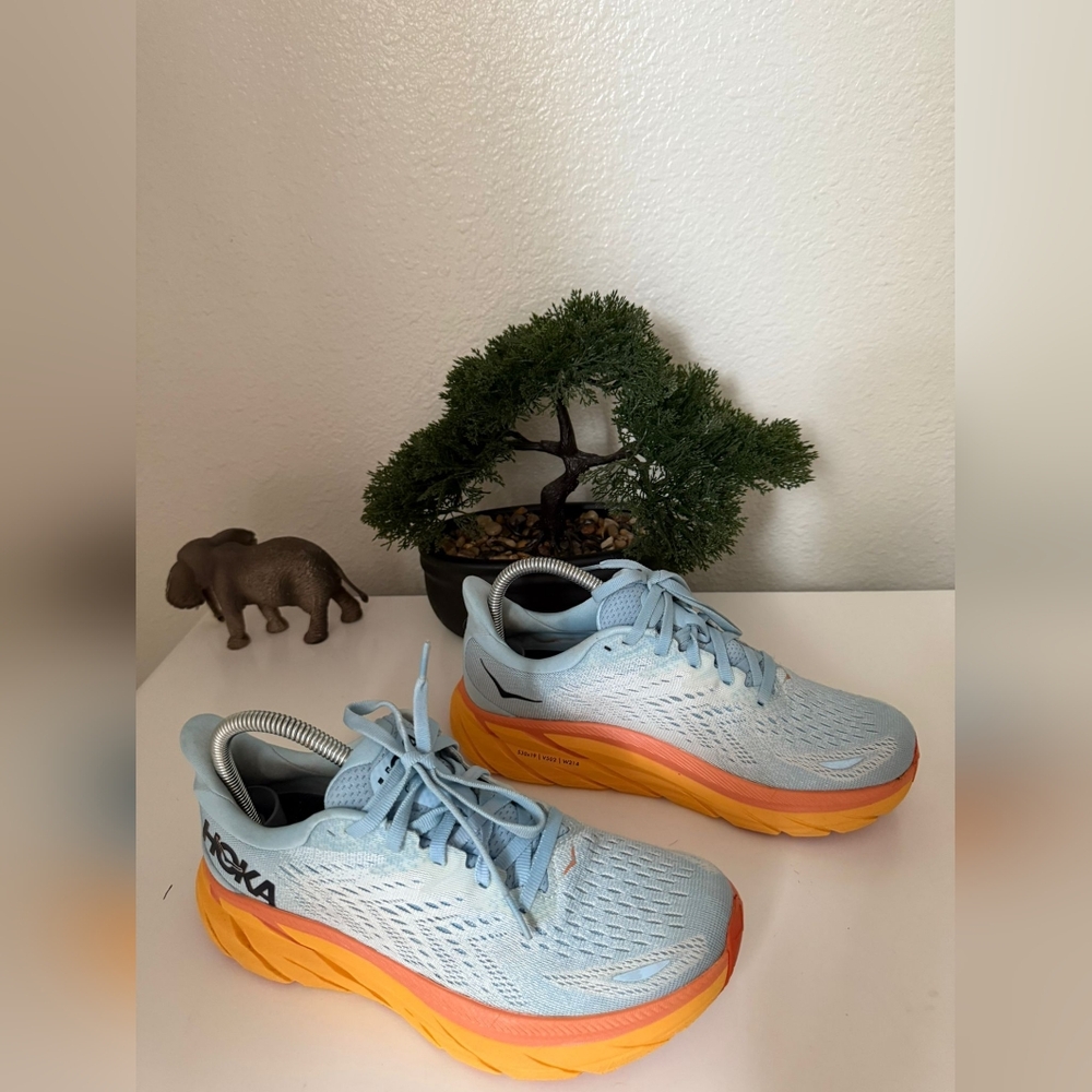 Hoka Light Blue and Orange Running Shoes